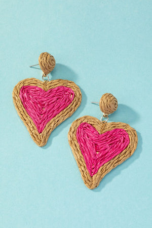 Raffia straw two tone heart drop earrings