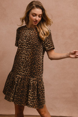 BiBi Tie Back Leopard Round Neck Short Sleeve Dress