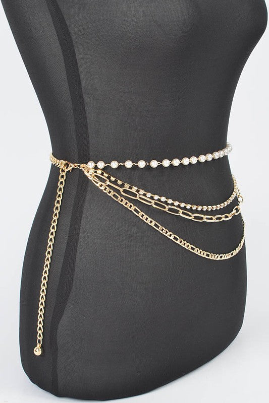 Plus Size Rhinestone Pearl Layered Chain Belt