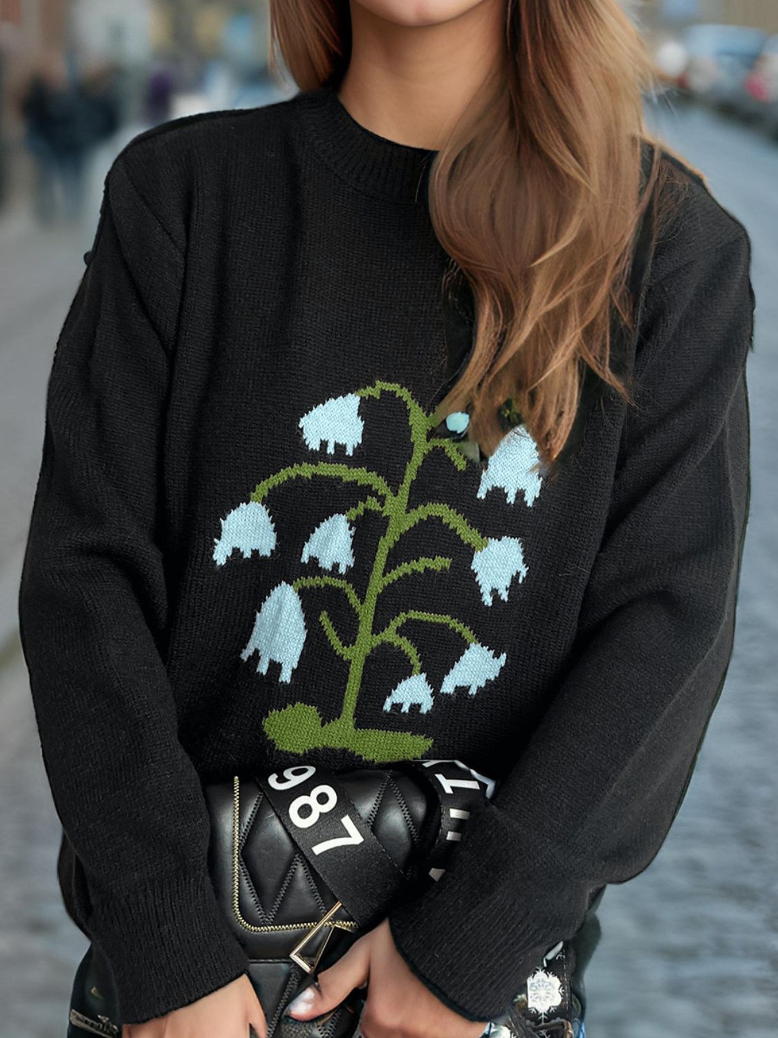 Plant Round Neck Long Sleeve Sweater