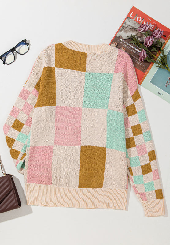 Checkered Round Neck Drop Shoulder Sweater