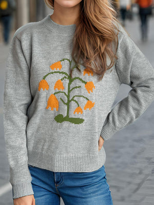 Plant Round Neck Long Sleeve Sweater