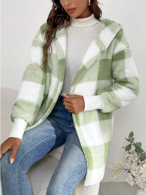 Plaid Long Sleeve Hooded Coat