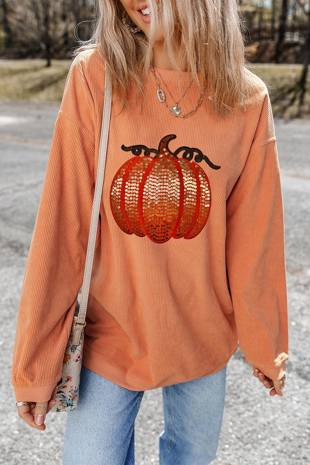 Sequin Pumpkin Round Neck Long Sleeve Sweatshirt