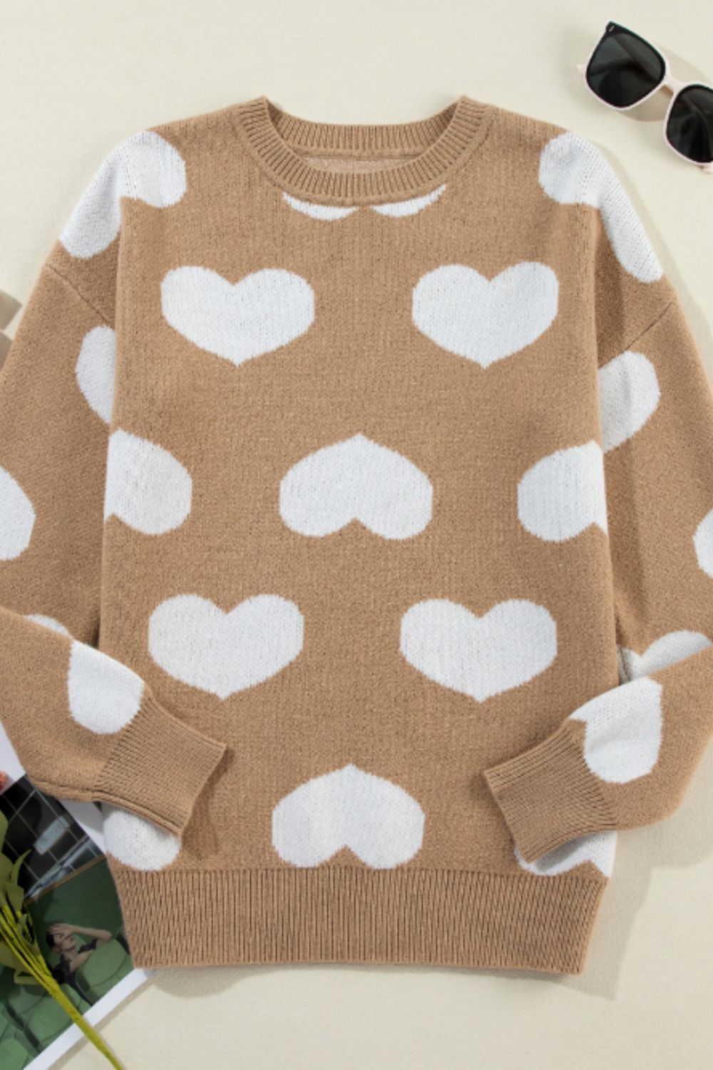 Heart Round Neck Long Sleeve Sweater