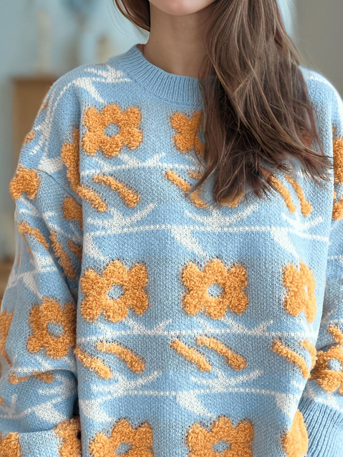 Flower Contrast Round Neck Long Sleeve Sweater