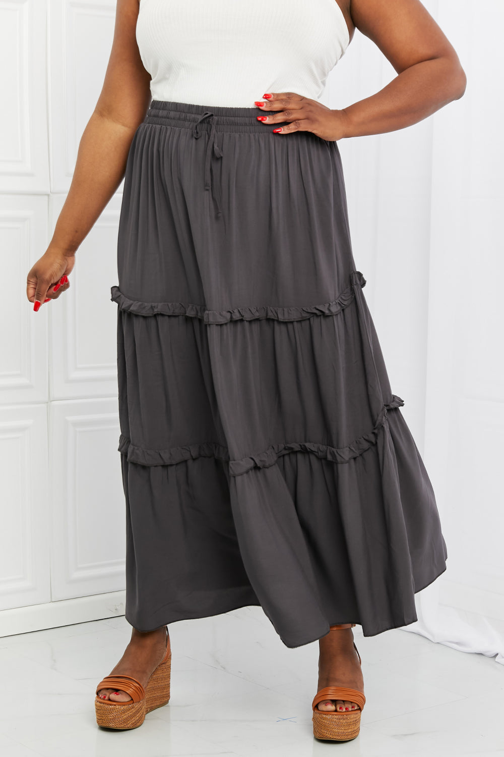 Summer Days Full Size Ruffled Maxi Skirt in Ash Grey