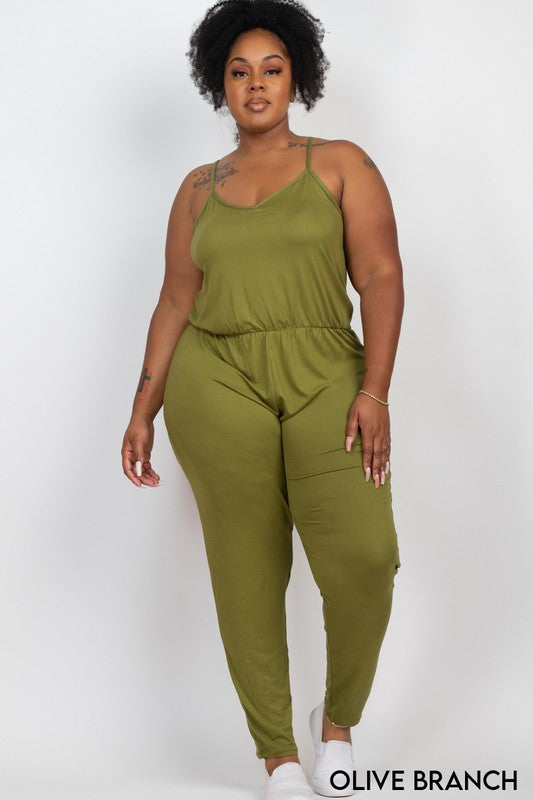 Plus Size Spaghetti Strap Elastic Waist Jumpsuit