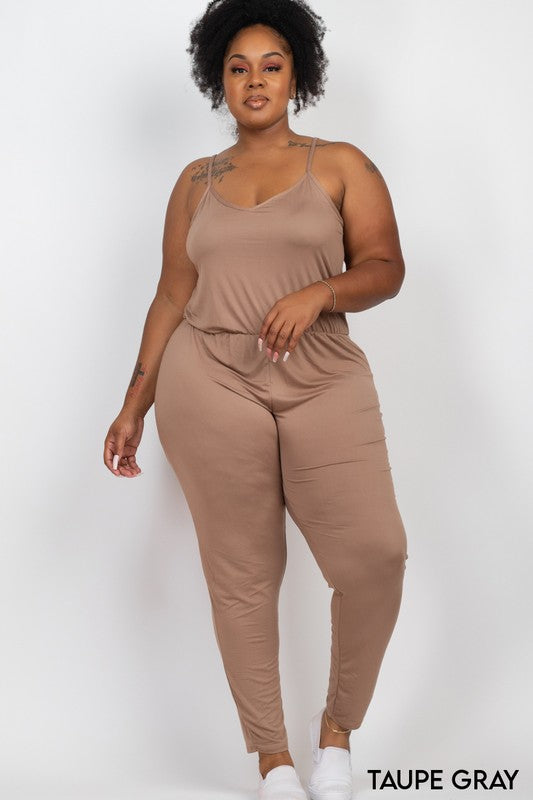 Plus Size Spaghetti Strap Elastic Waist Jumpsuit