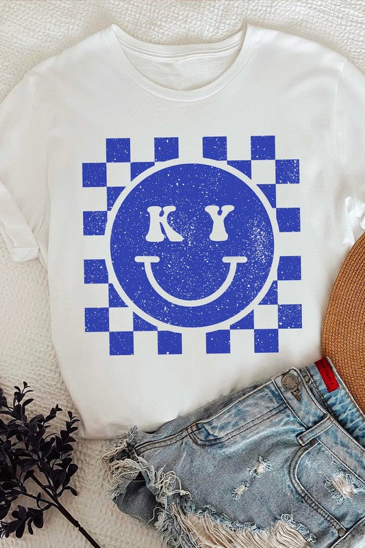 CHECKERED KENTUCKY HAPPY FACE GRAPHIC TEE