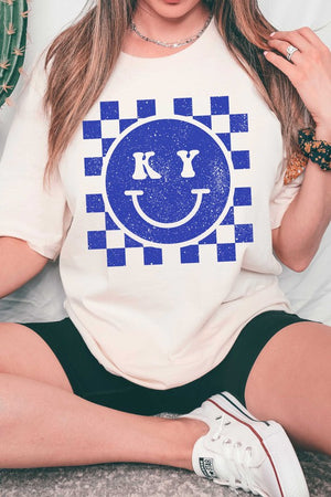 CHECKERED KENTUCKY HAPPY FACE GRAPHIC TEE