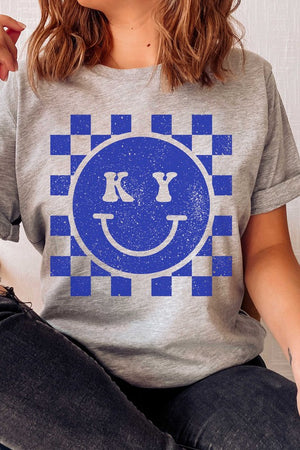 CHECKERED KENTUCKY HAPPY FACE GRAPHIC TEE