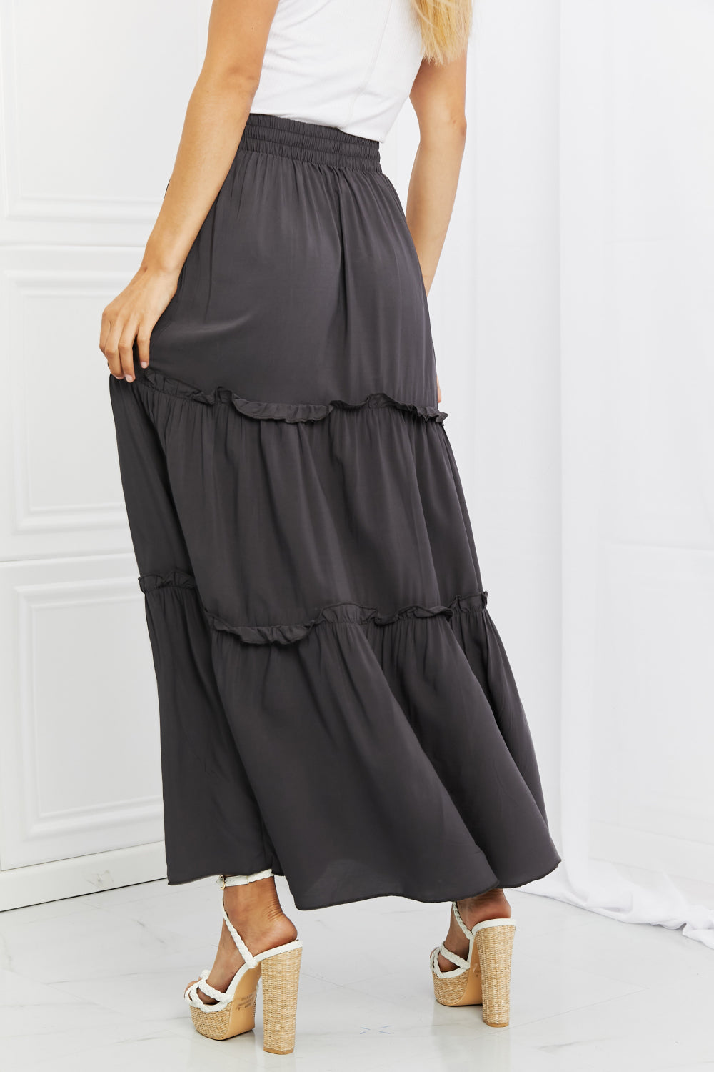 Summer Days Full Size Ruffled Maxi Skirt in Ash Grey