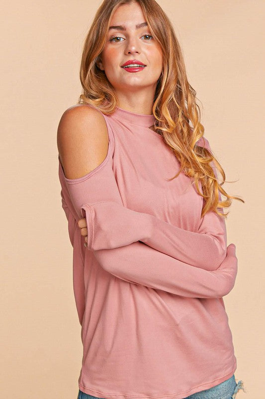 COLD SHOULDER CUT OUT LONG SLEEVE KNIT TOP