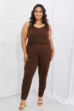 Casual Full Size Solid Elastic Waistband Jumpsuit in Chocolate