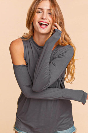 COLD SHOULDER CUT OUT LONG SLEEVE KNIT TOP