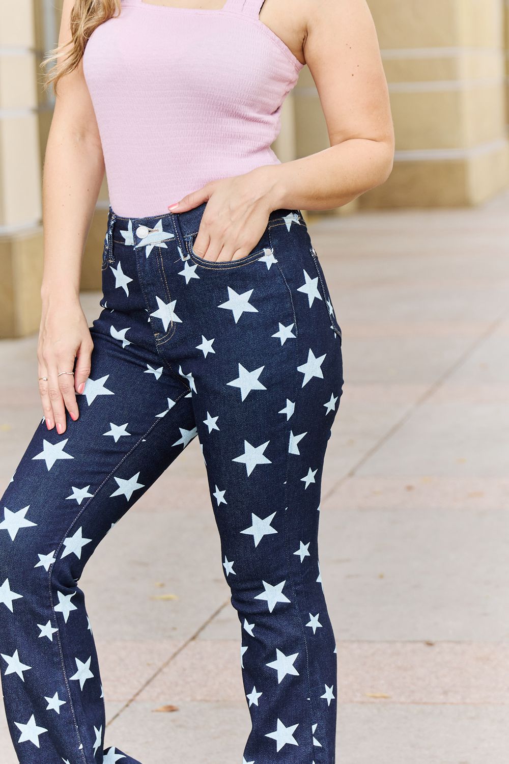 Full Size High Waist Star Print Flare Jeans