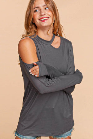 COLD SHOULDER CUT OUT LONG SLEEVE KNIT TOP