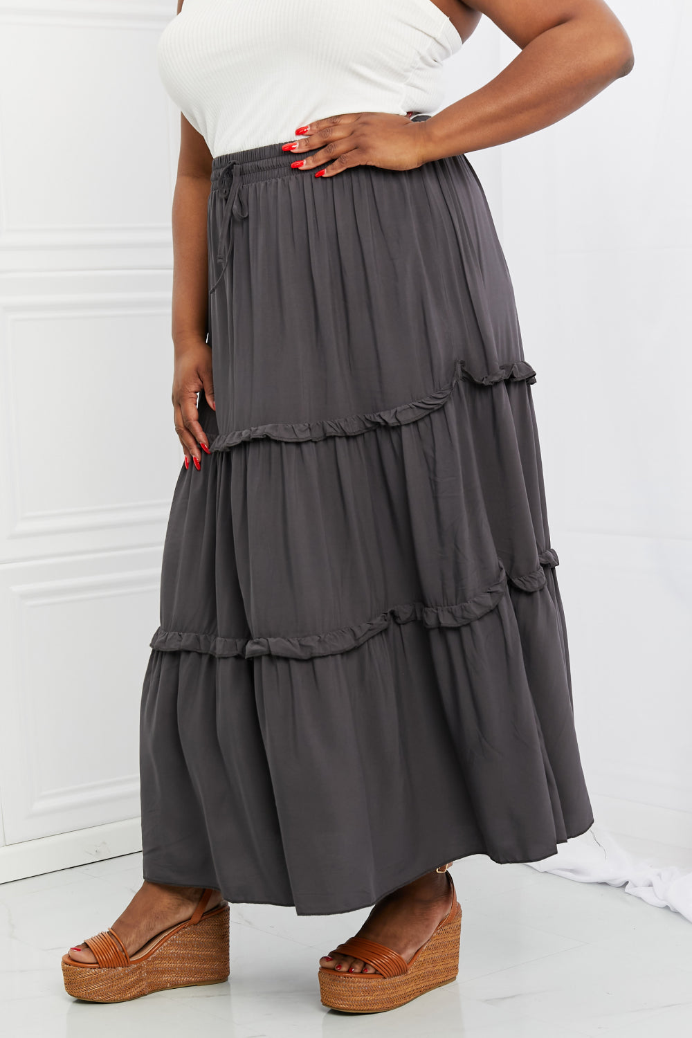 Summer Days Full Size Ruffled Maxi Skirt in Ash Grey