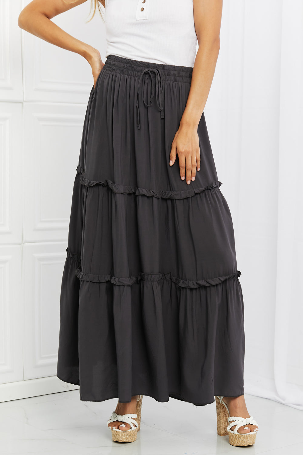 Summer Days Full Size Ruffled Maxi Skirt in Ash Grey