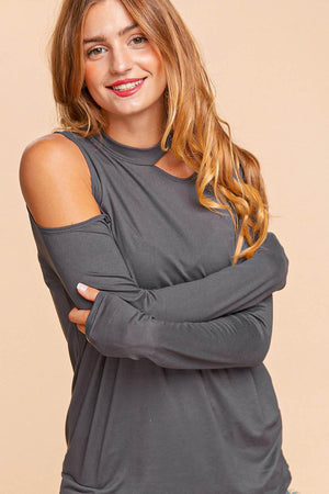 COLD SHOULDER CUT OUT LONG SLEEVE KNIT TOP