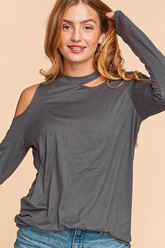 COLD SHOULDER CUT OUT LONG SLEEVE KNIT TOP